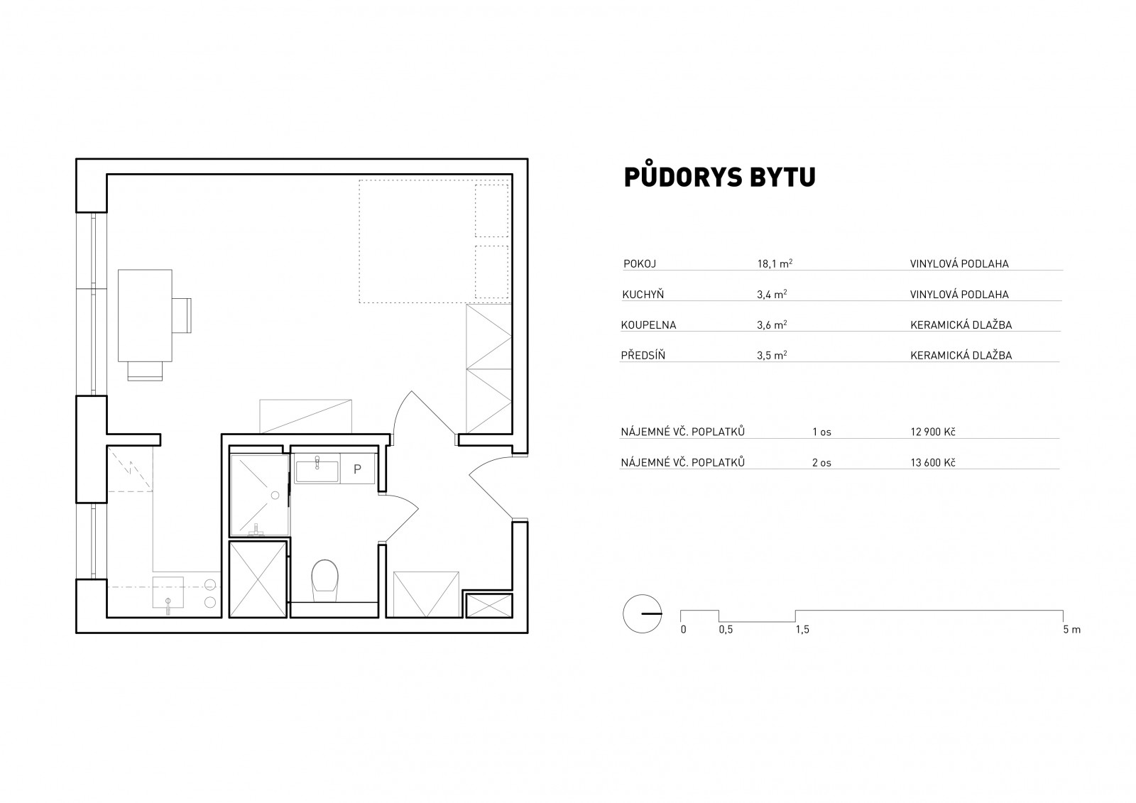 Pronájem bytu 1+kk, OV, 29m2, Bachova, Praha 4 - Chodov